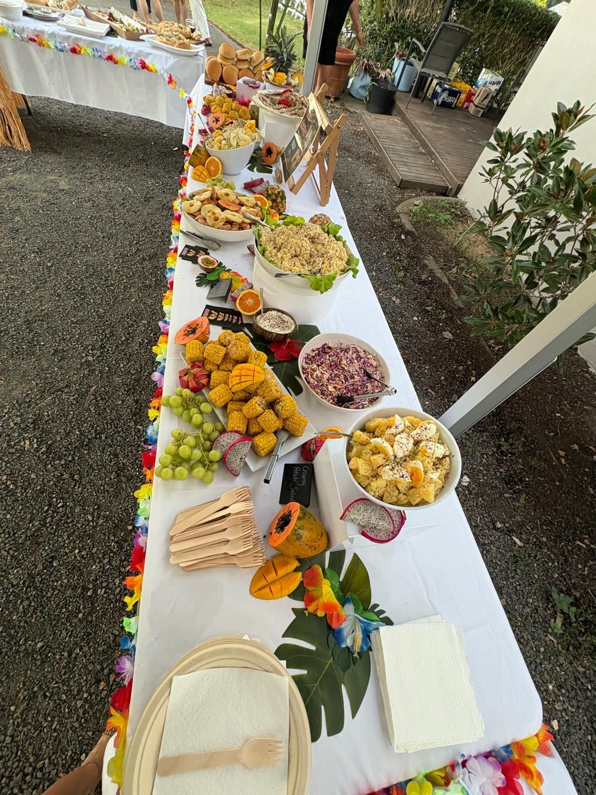 A long table with a tropical food spread, including salads, fruits, and snacks. — The Habibiz Catering In Wingham, NSW