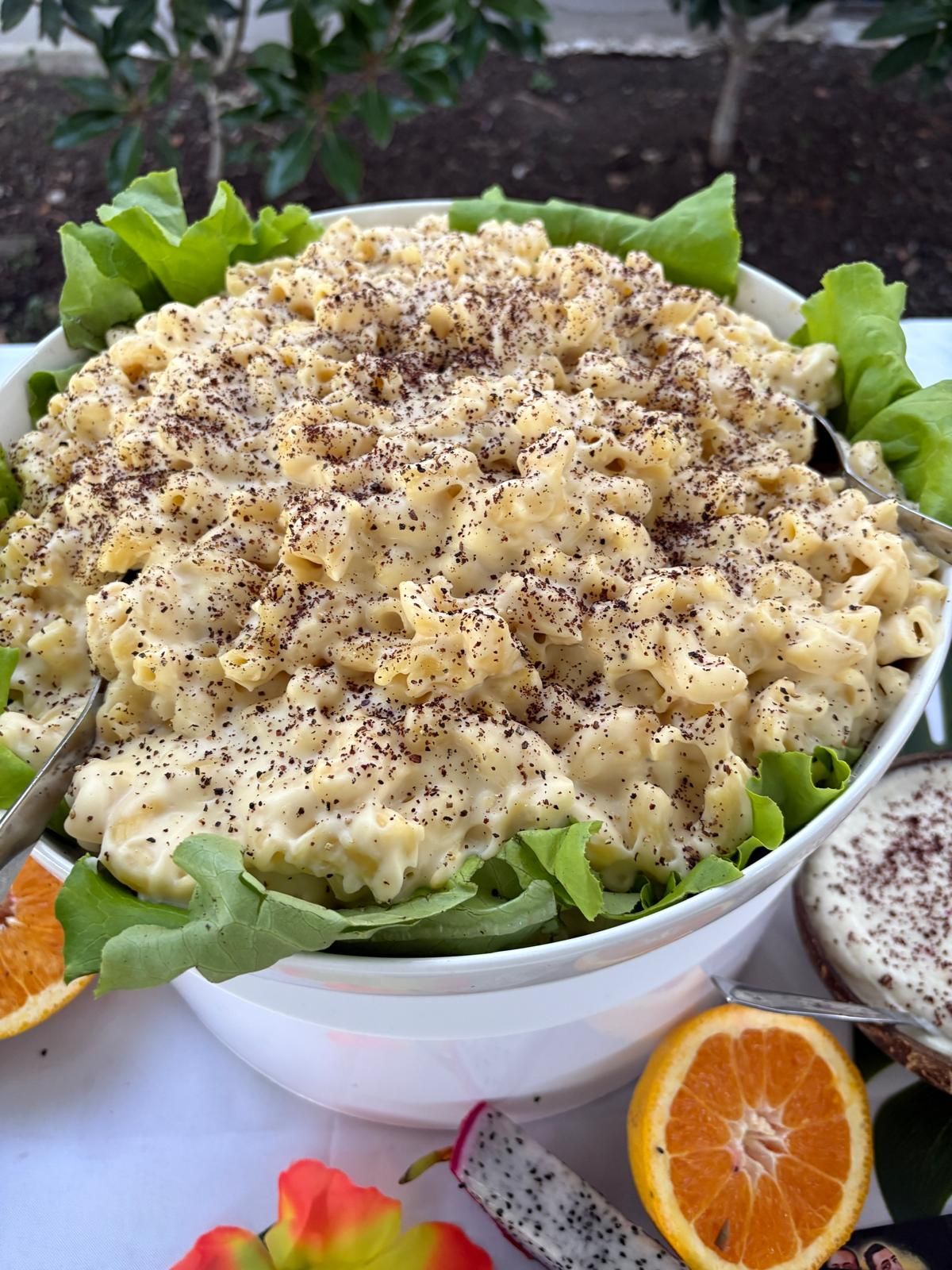 Macaroni salad in a white bowl with lettuce, sprinkled with poppy seeds, and garnished with orange slices and dragon fruit. — The Habibiz Catering In Wingham, NSW