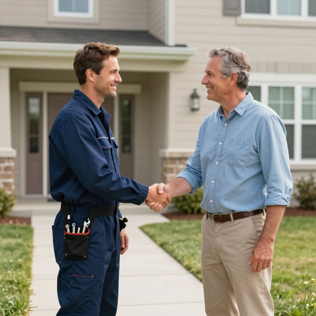 A service worker in blue jumpsuit shakes hands with a homeowner in front of a house, both smiling.