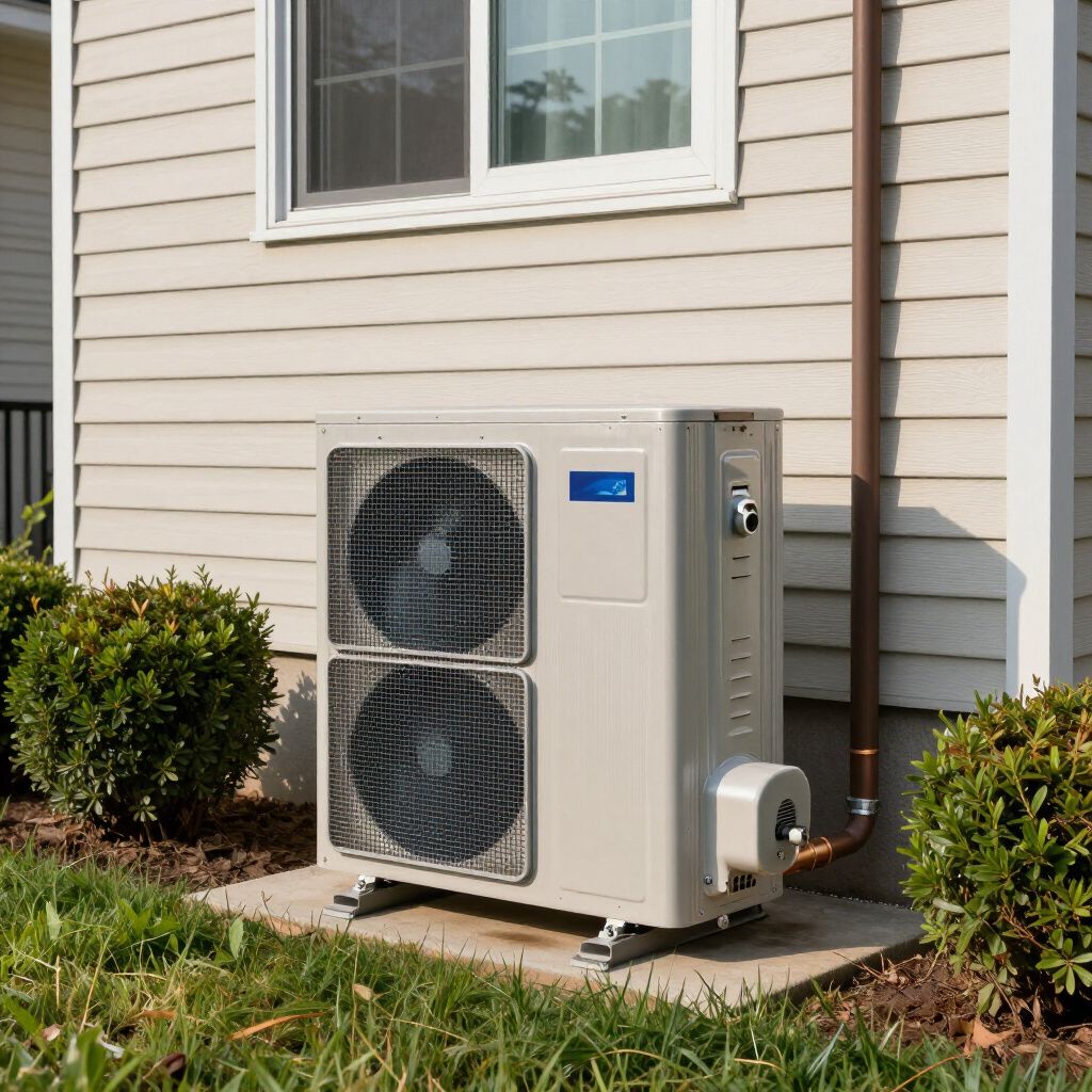 Heat pump unit outside a house, with a window above, on a concrete pad with grass and bushes.