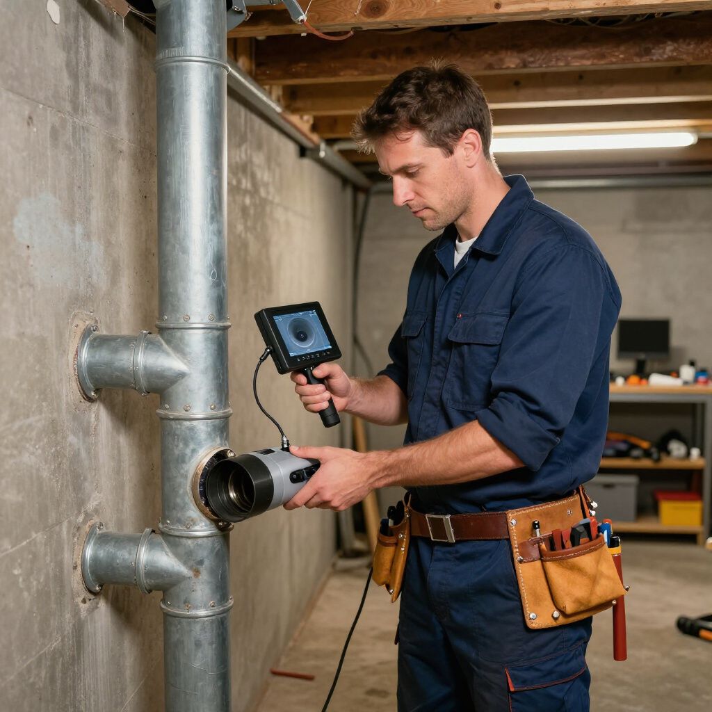 Man using an inspection camera to examine plumbing pipes in a basement.