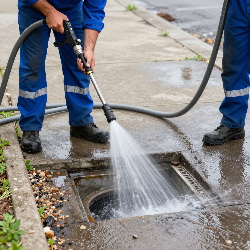Two workers in blue overalls cleaning a storm drain with a pressure washer on a sidewalk.