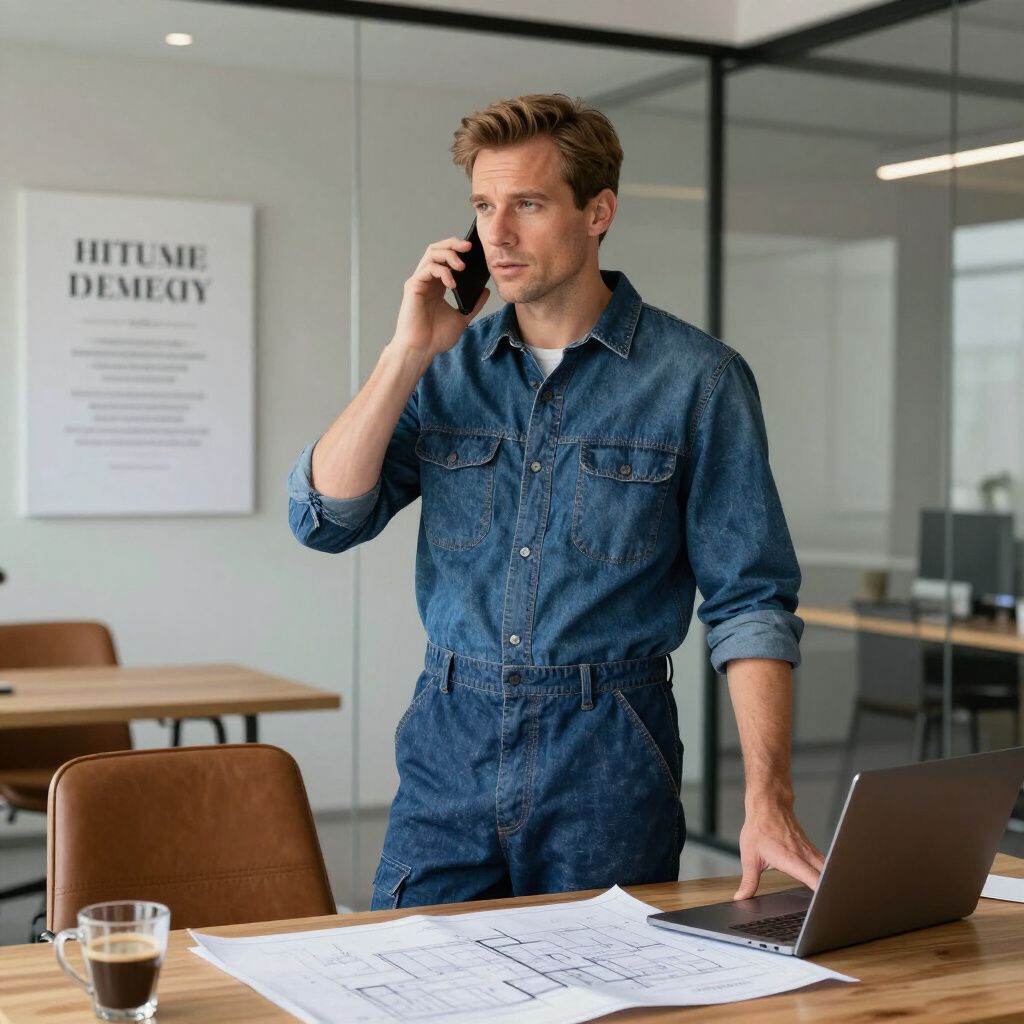 Man in denim shirt on phone, standing at a desk with a laptop, blueprints, and coffee in an office setting.