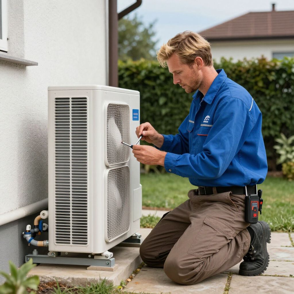 HVAC technician servicing outdoor unit. Kneeling, wearing blue shirt, working in a yard.
