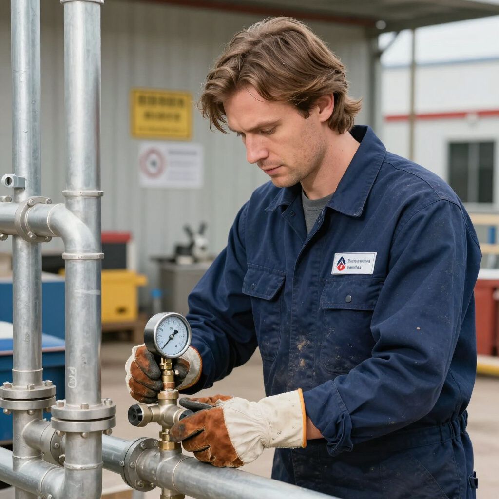 Man in workwear, wearing gloves, working on pipes and a gauge in an industrial setting.