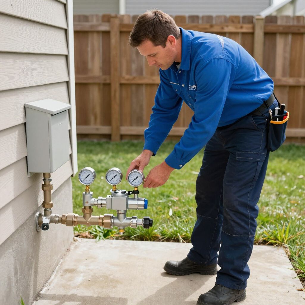 A man in blue uniform checks water pressure gauges on a building's exterior.