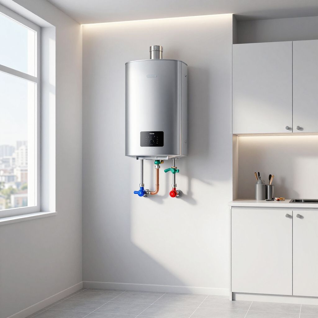 Silver tankless water heater on white wall near a window and cabinets.