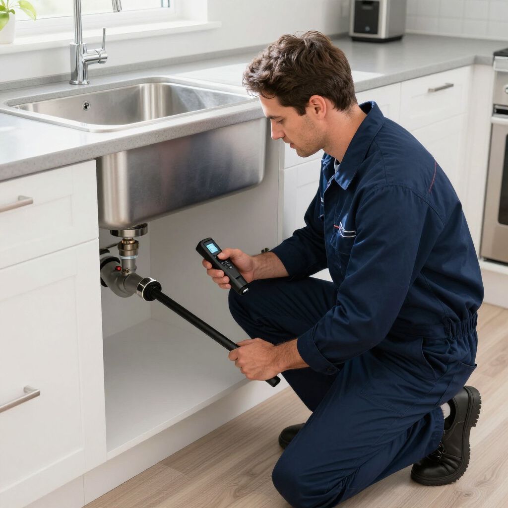 Plumber inspecting pipes under a kitchen sink. Wearing blue overalls and holding a flashlight.