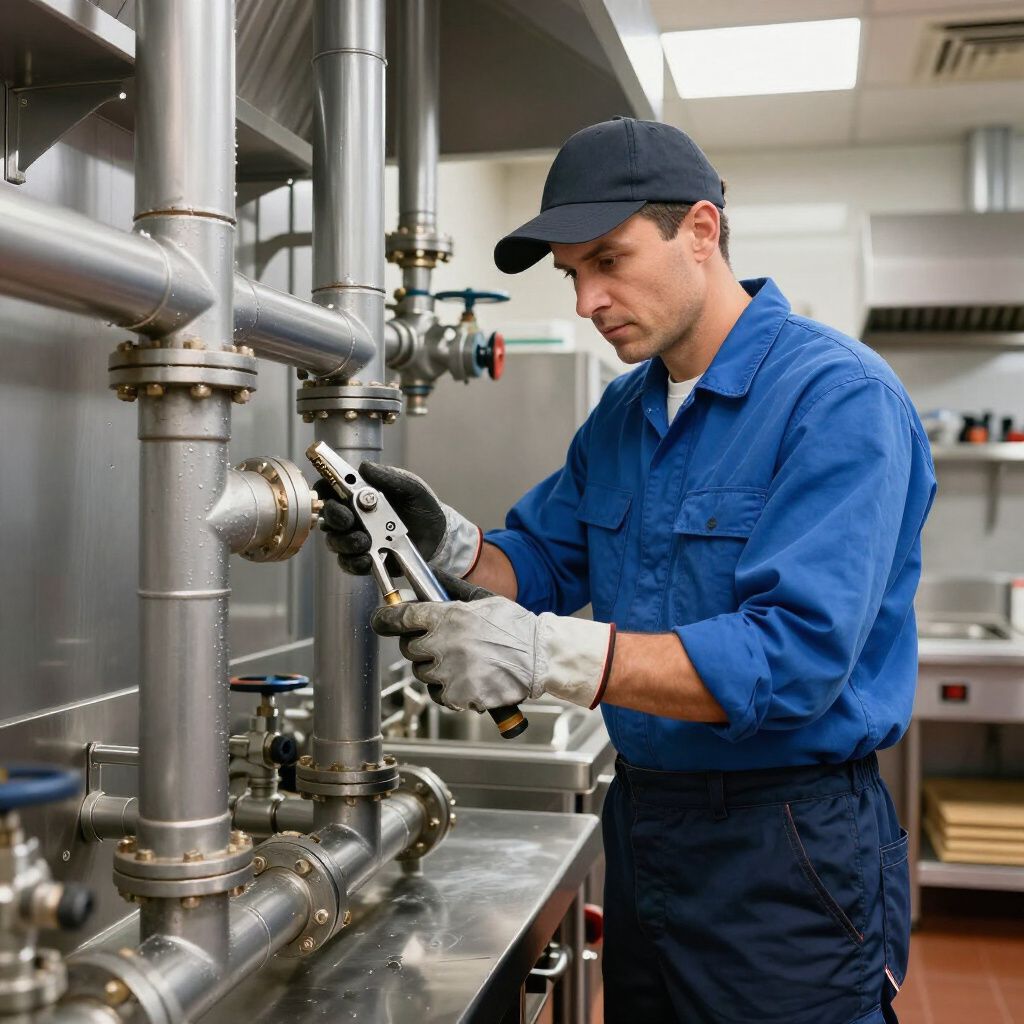 Plumber in blue uniform uses pliers on pipes in a kitchen.