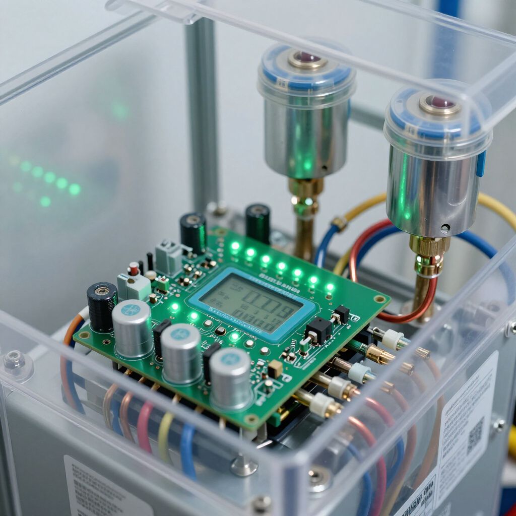 Electronic circuit board with display, lights, and components in a transparent enclosure with pipes.