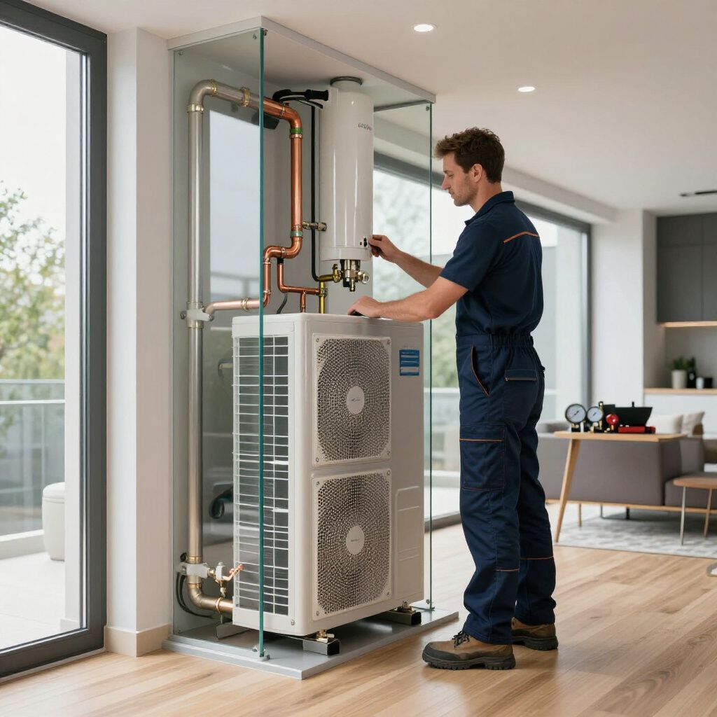 Technician in blue coveralls inspecting heat pump and water heater indoors.