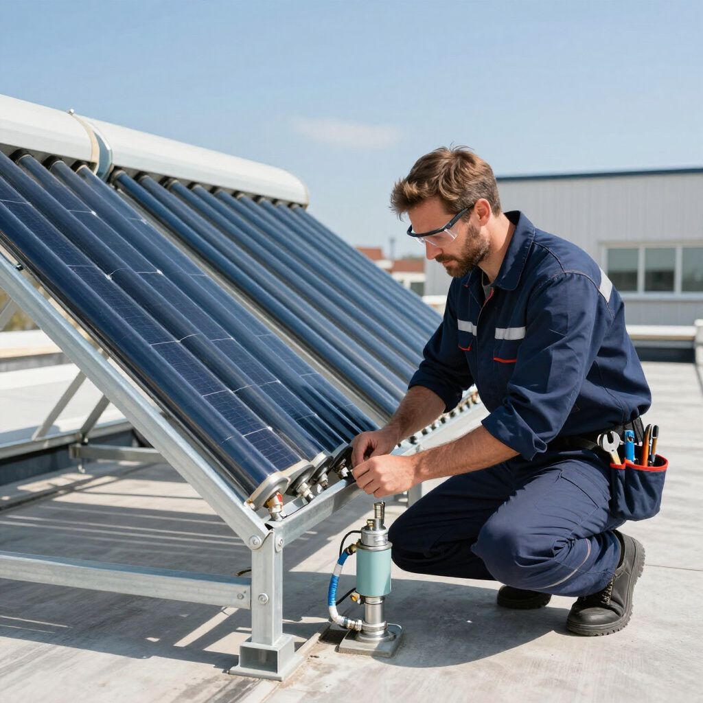 Technician in blue uniform installing solar panel on a rooftop, with tools visible.