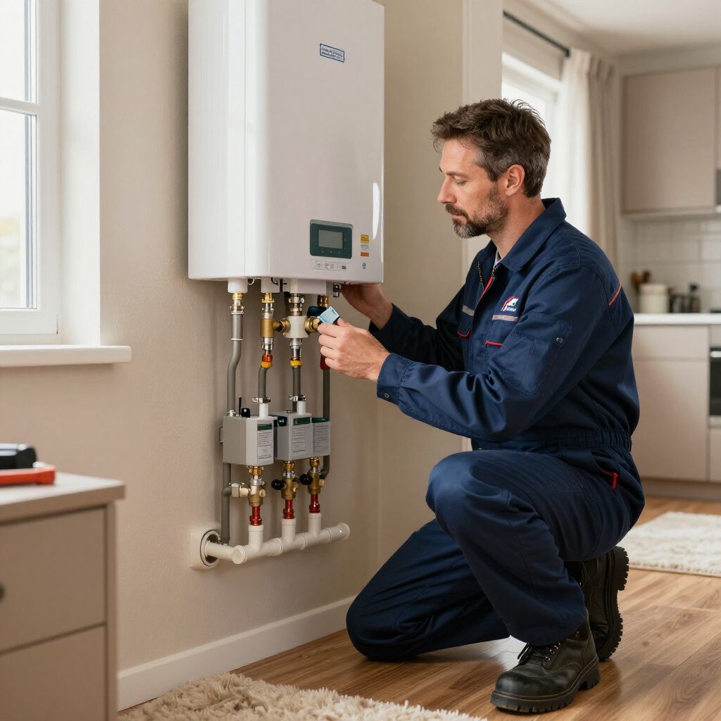 Plumber in blue overalls working on a white wall-mounted boiler in a kitchen.