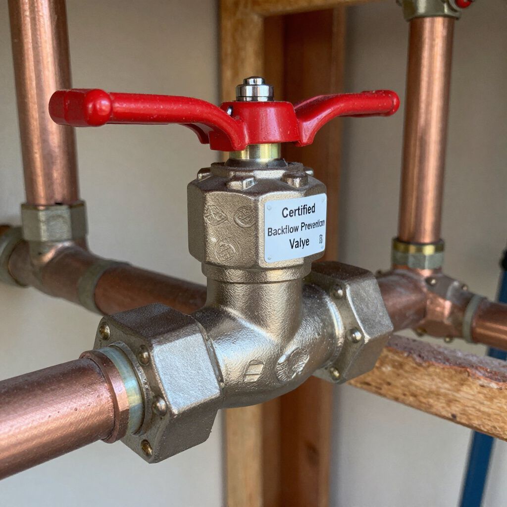 A brass water valve with a red handle and copper pipes.