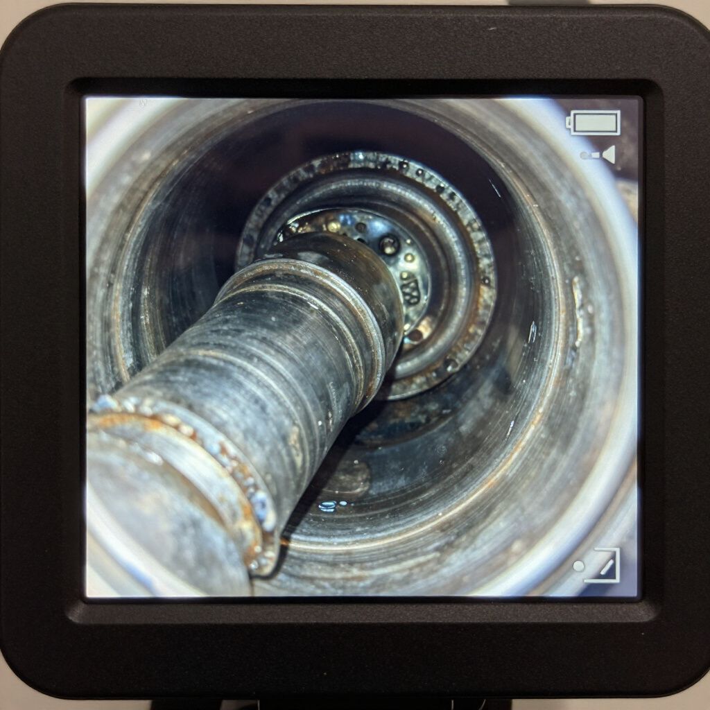 View inside a metal pipe with a cylindrical piece inserted. The pipe's interior shows welding marks and small holes.