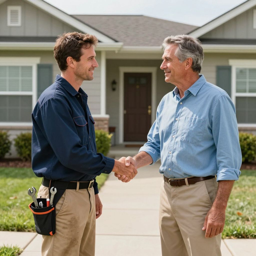 A man in work clothes shakes hands with a homeowner in front of a house.