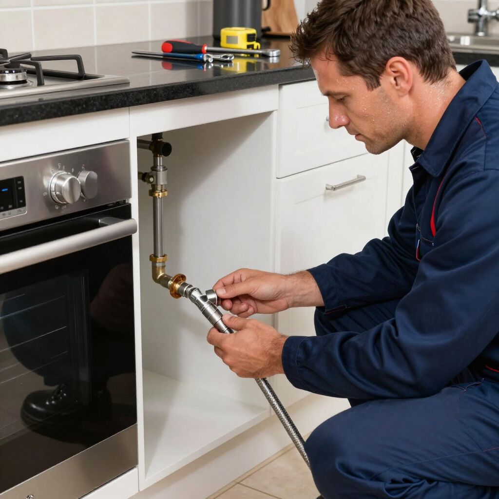 Plumber in blue uniform connecting pipes under kitchen counter with tools on countertop.