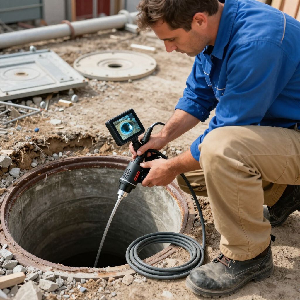 Man using a sewer inspection camera to examine a manhole.