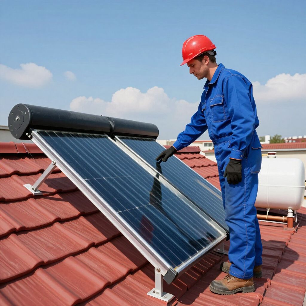 Man in blue work suit and red helmet inspecting solar panels on a red tile roof.