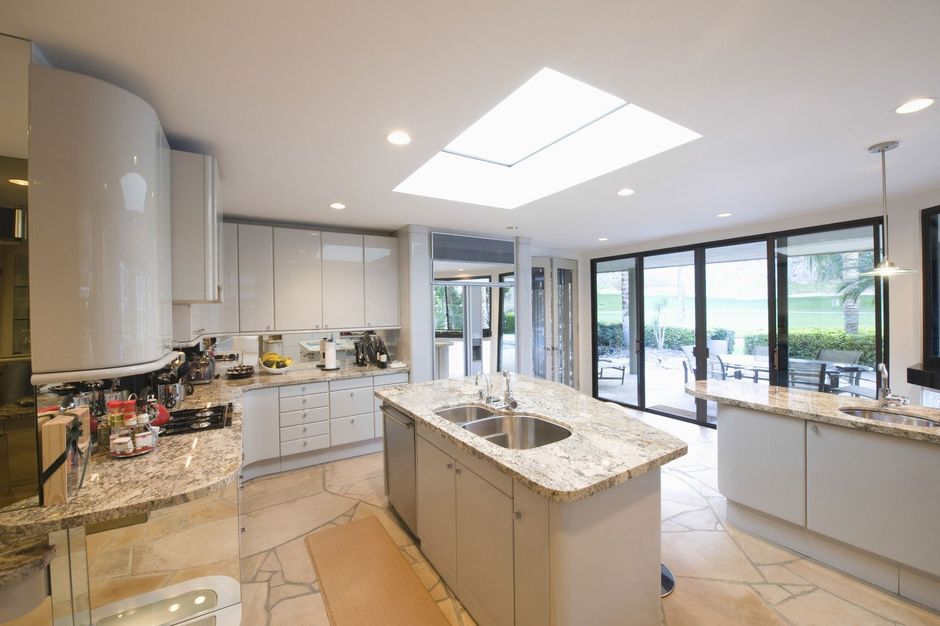 a kitchen with a skylight above the sink