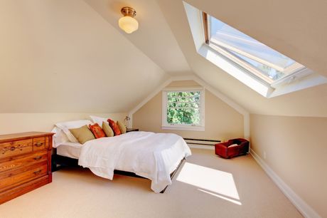 a bedroom with a skylight above the bed