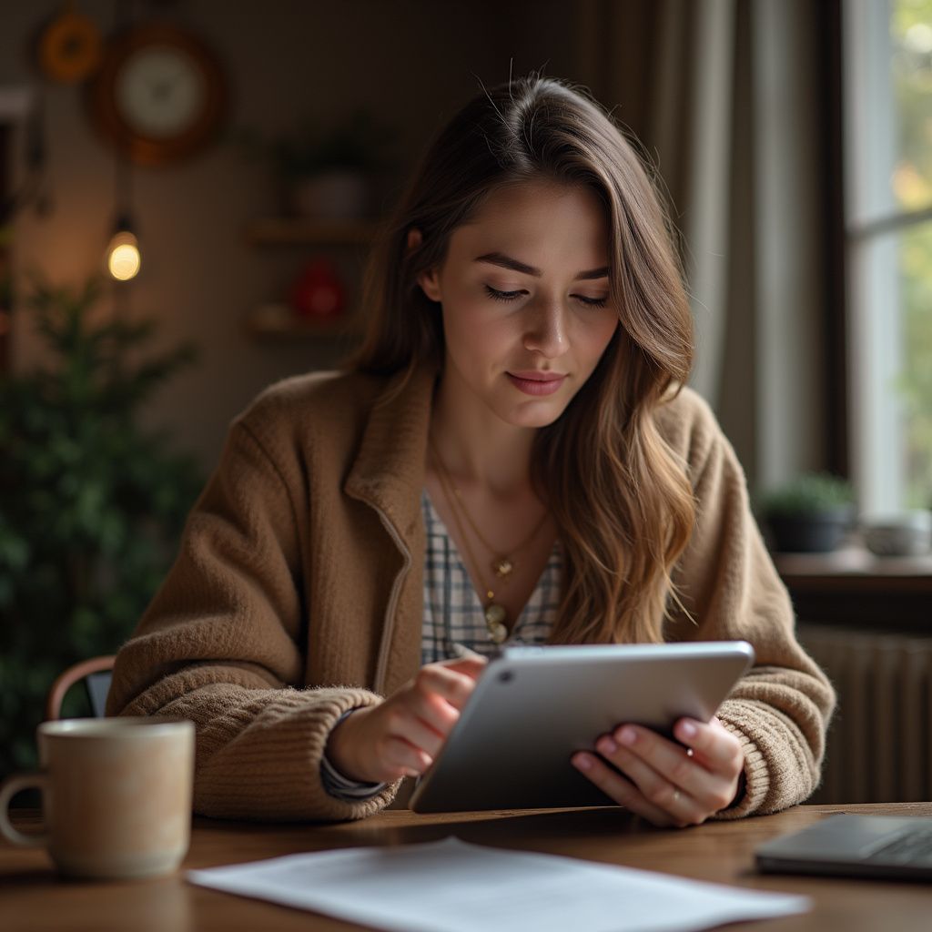 Woman sitting at a table using a tablet. Brown cardigan, neutral color palette, natural light.