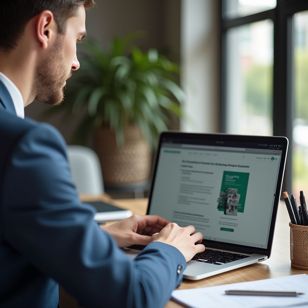 Man in blue suit working on laptop at desk.