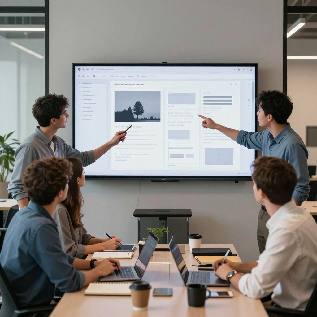 People in office meeting, two pointing at screen displaying design, others with laptops at table.