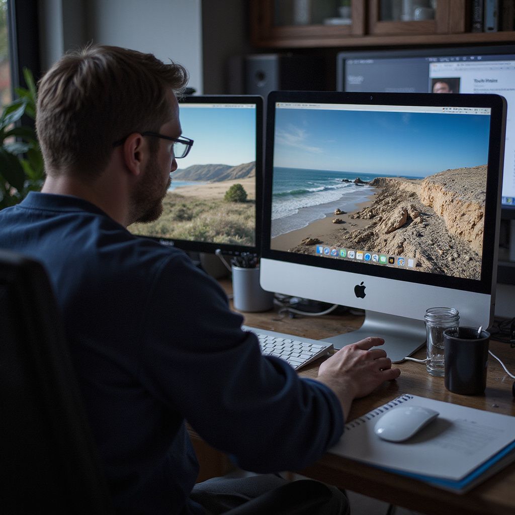 Man at desk, wearing glasses, uses computer with two screens showing landscapes.