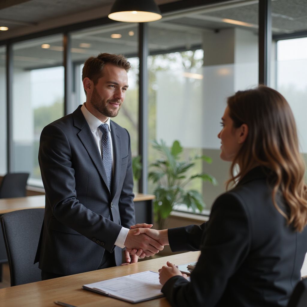 Man in suit shakes hands with woman in suit at a table in an office.