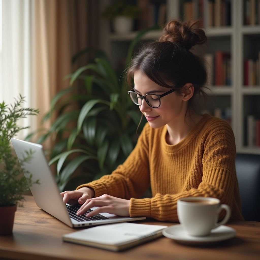 Woman in glasses, working on laptop at a wooden desk, with a coffee cup, notebook, and plants.