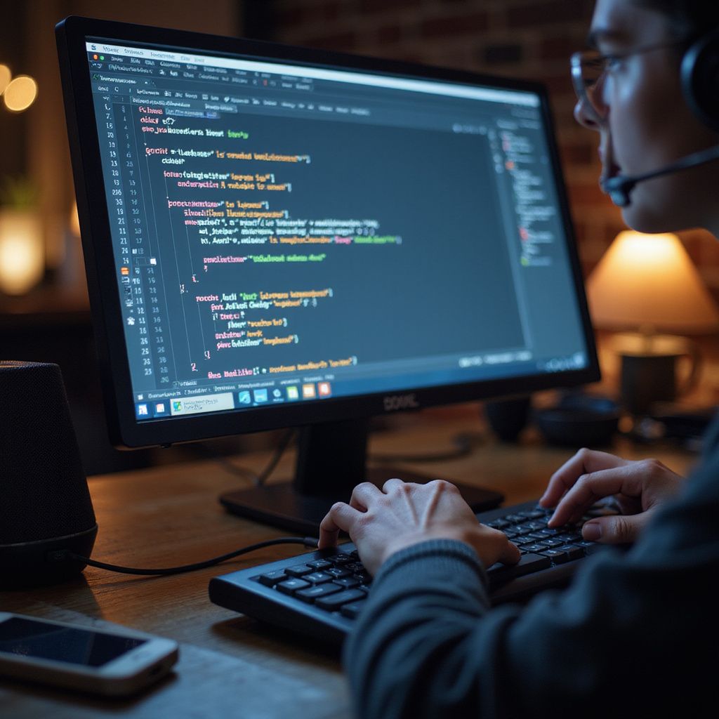 Person coding at a computer with code visible, wearing a headset, in a dimly lit room.