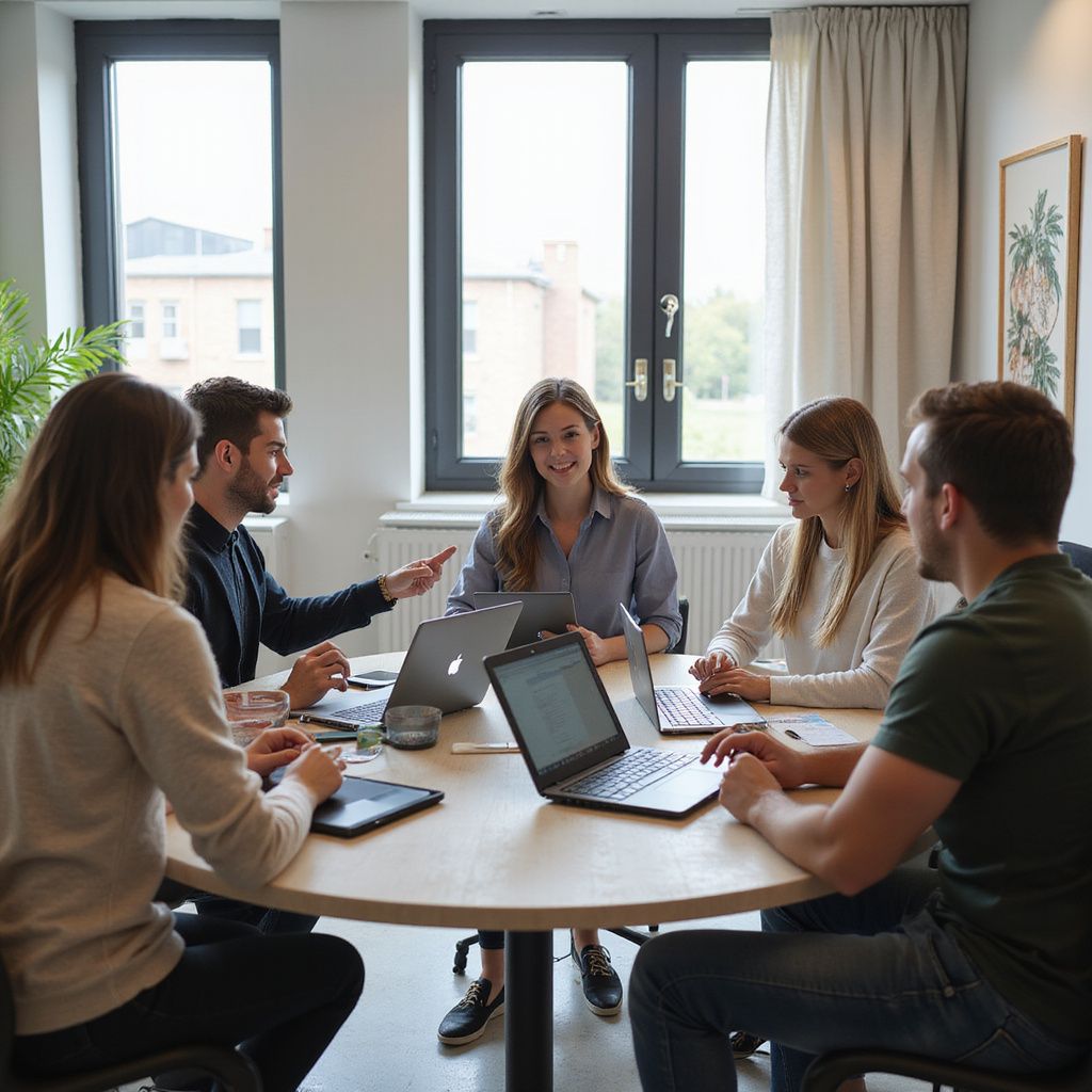 People at round table, laptops open, discussing ideas in office setting.