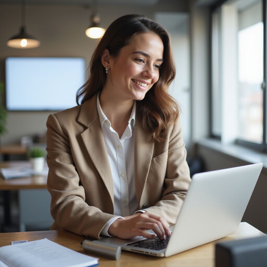 Woman in blazer smiles, typing on a laptop at a desk in an office setting.