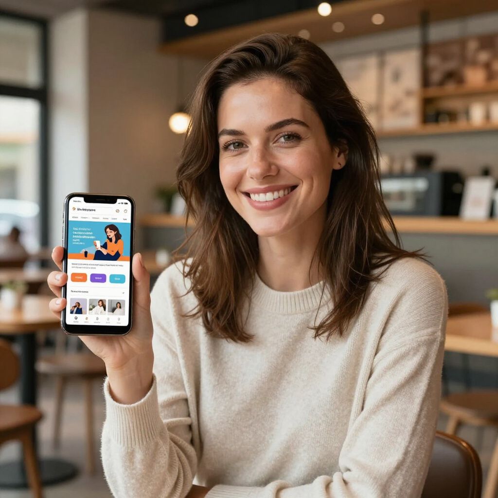 Woman in beige sweater smiling, holding up phone with app screen. Cafe setting.