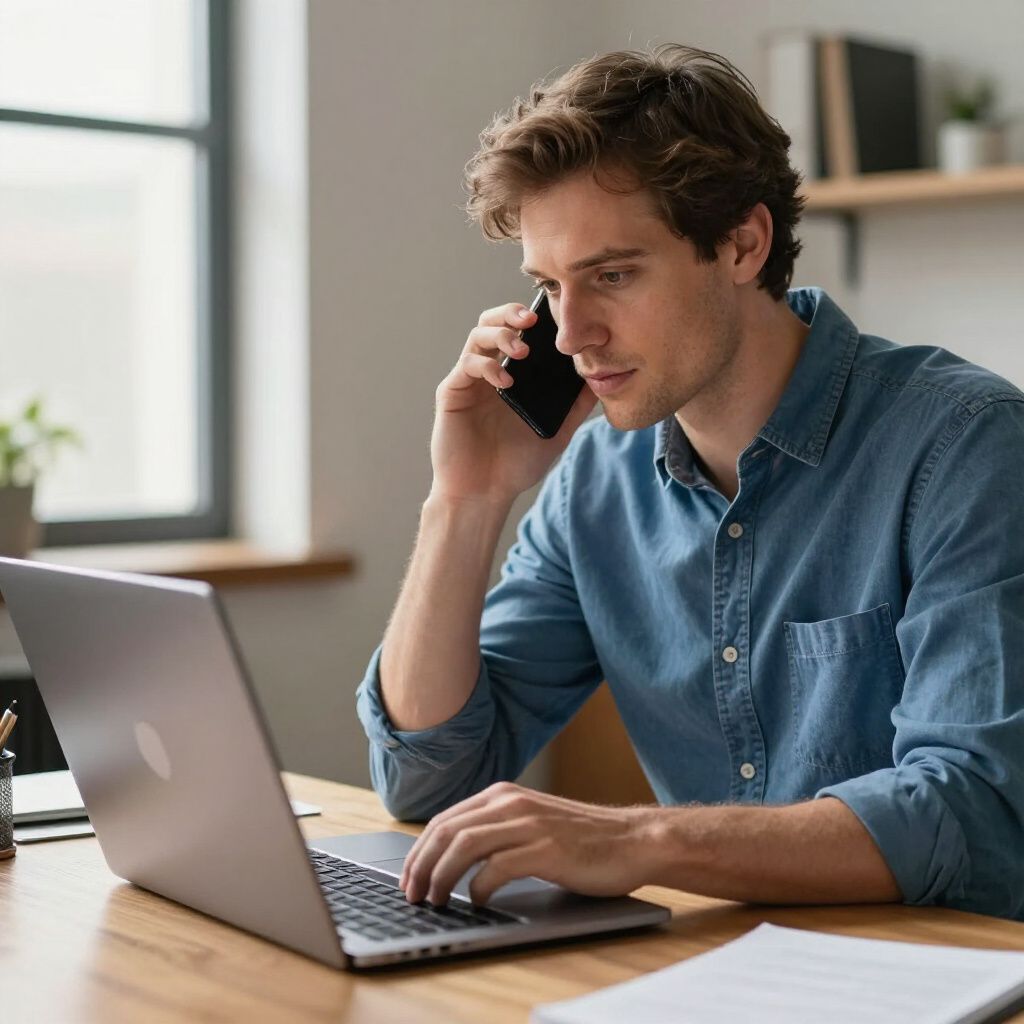 Man in blue shirt on a phone call, working on a laptop at a desk indoors.