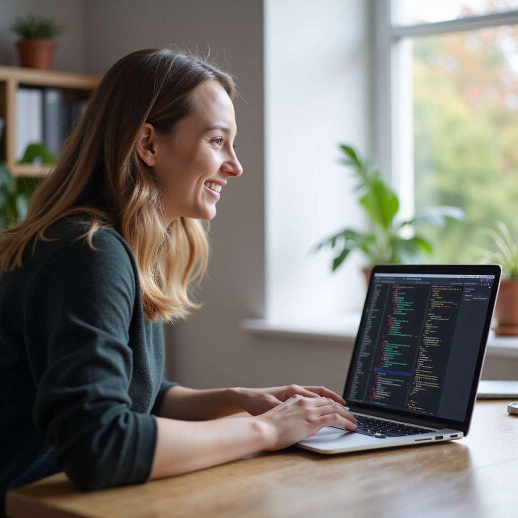 Woman smiling, working on laptop, with code displayed, at a wooden table near a window.