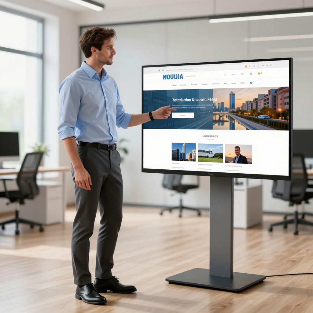 Man points at a website displayed on a large screen in an office.