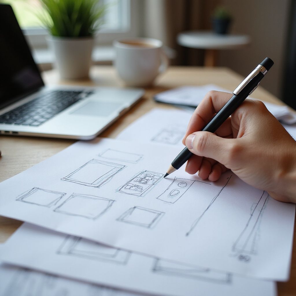 Hand sketching design ideas on paper, laptop and coffee cup visible.