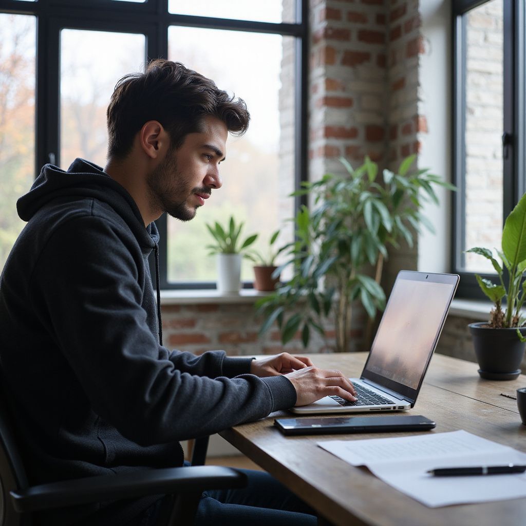 Man in hoodie working on laptop at desk, window with plants in background.