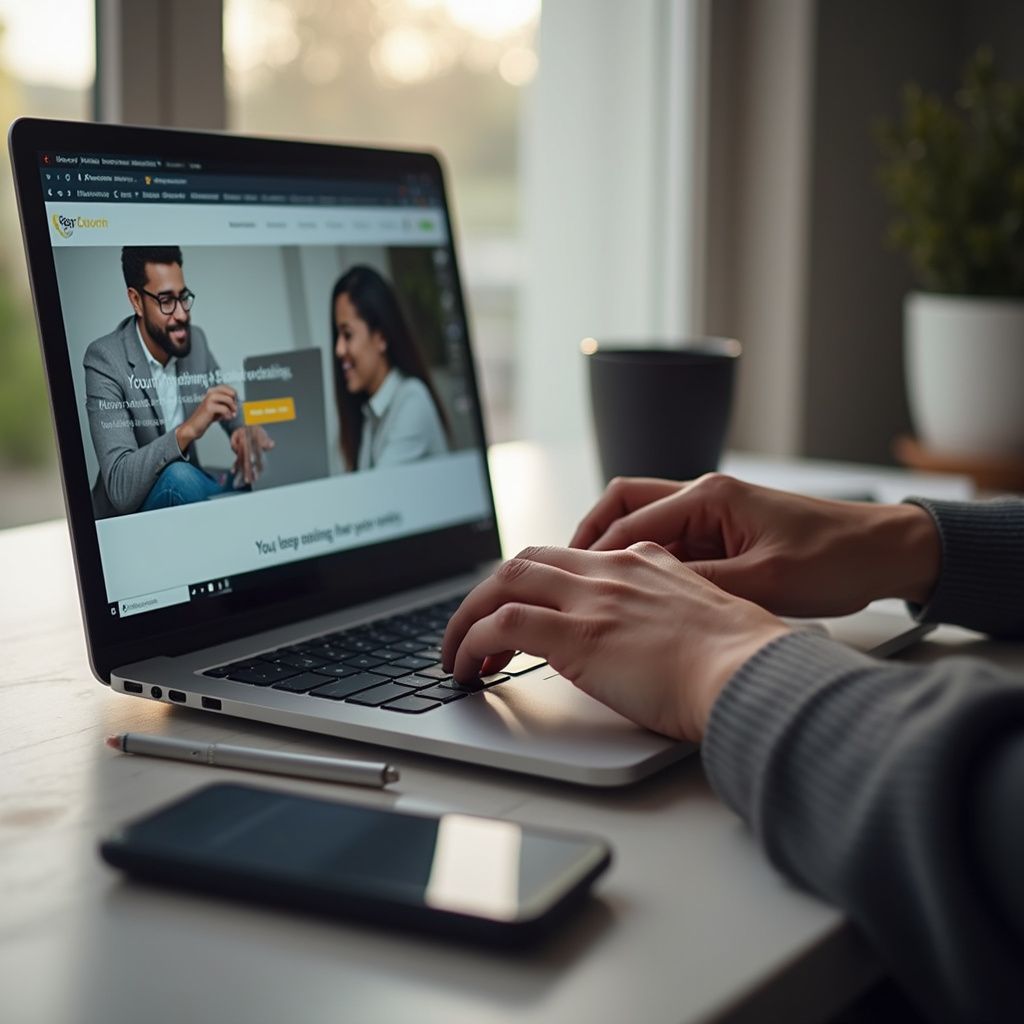 Person typing on laptop, website visible on screen. Phone and pen on desk.