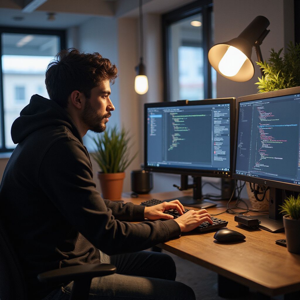 Man coding at a desk with two monitors. He wears a black hoodie, a lamp shines overhead, and plants are nearby.