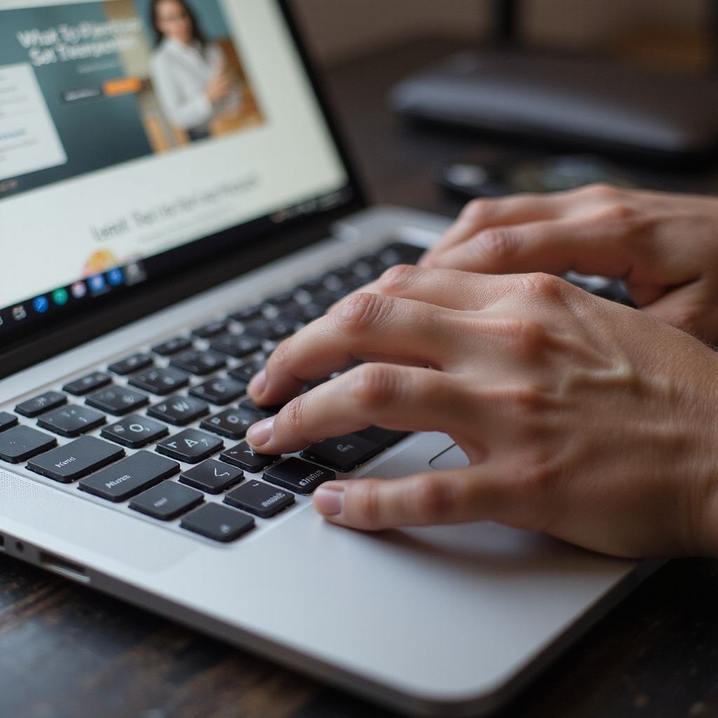 Hands typing on a silver laptop; website visible on screen.