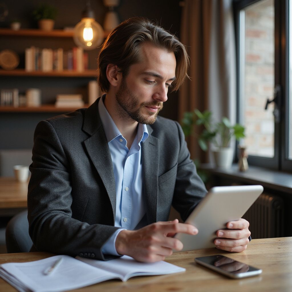 Man in suit looking at tablet, sitting at a wooden desk with notebook, pen, and smartphone. Indoor setting.