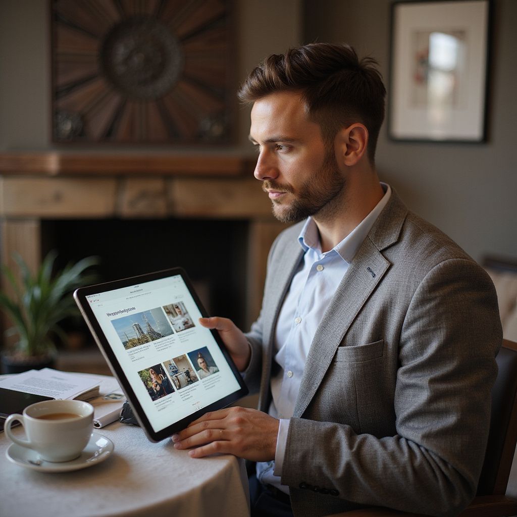 Man in blazer looks at tablet screen while sitting at table with coffee.