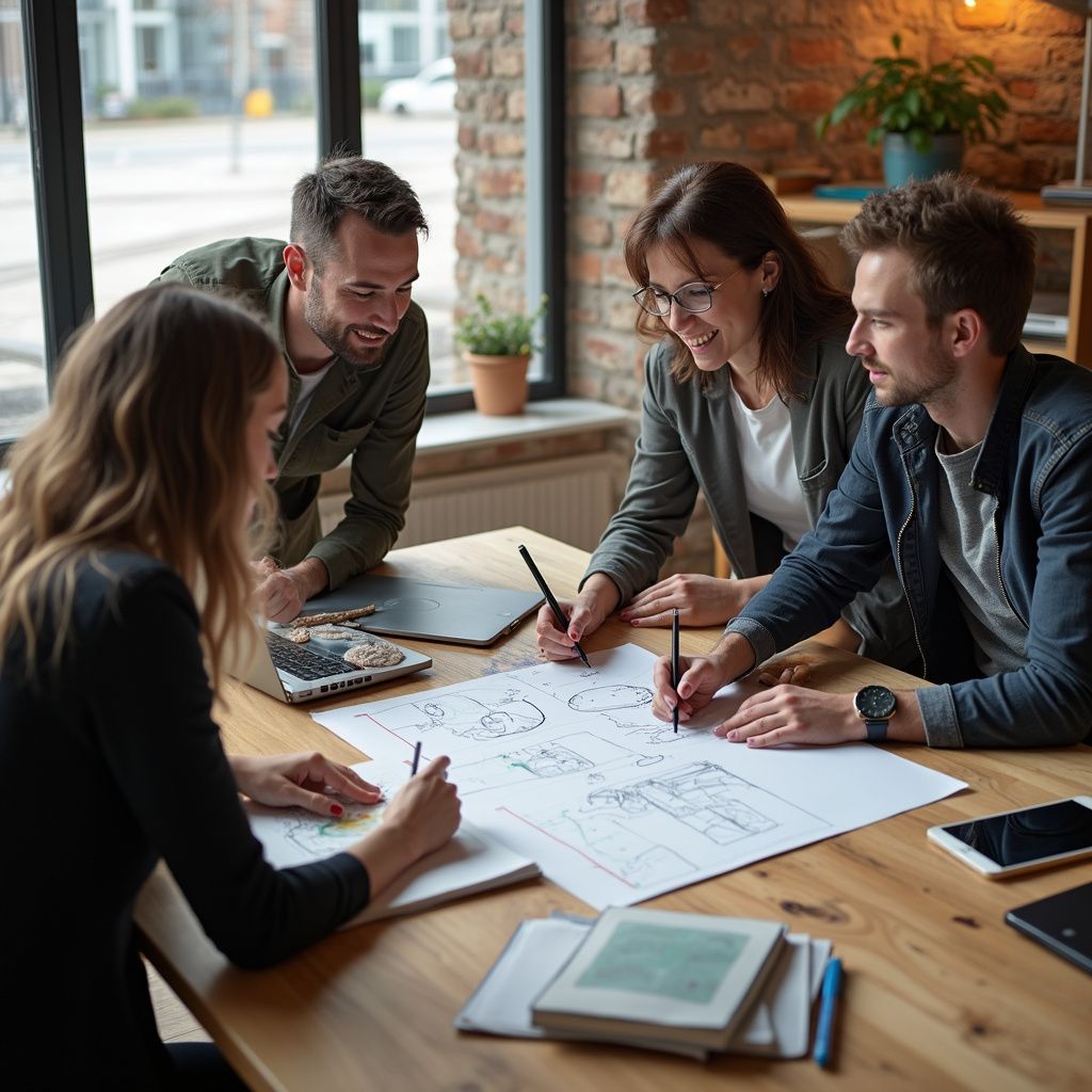 Four people around a table drawing on a blueprint. Brick wall and window in background.