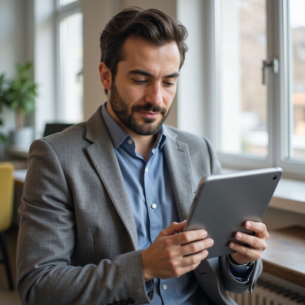 Man in grey blazer looking at tablet near a window.