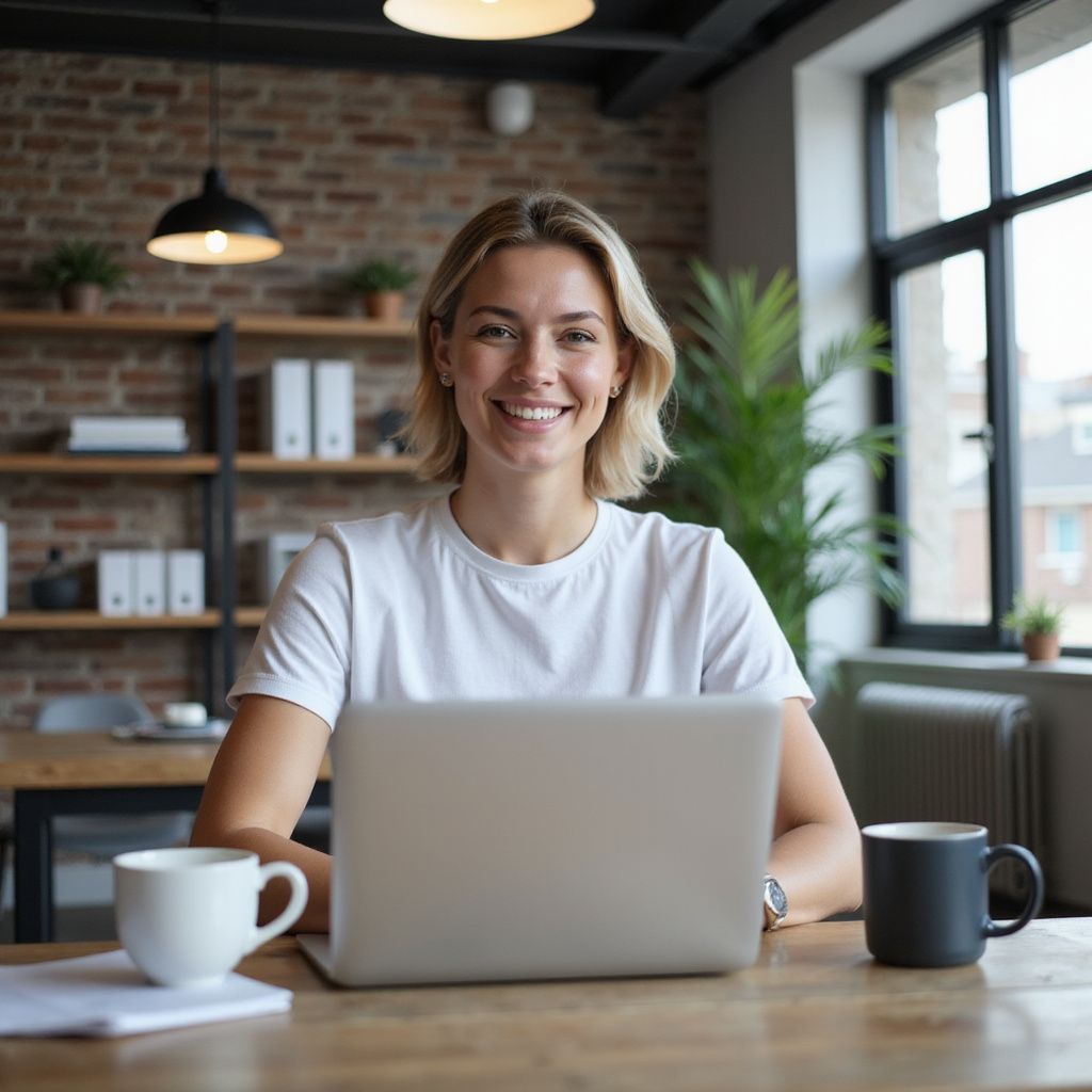 Blonde woman smiles at the camera, working on a laptop at a desk with coffee mugs.