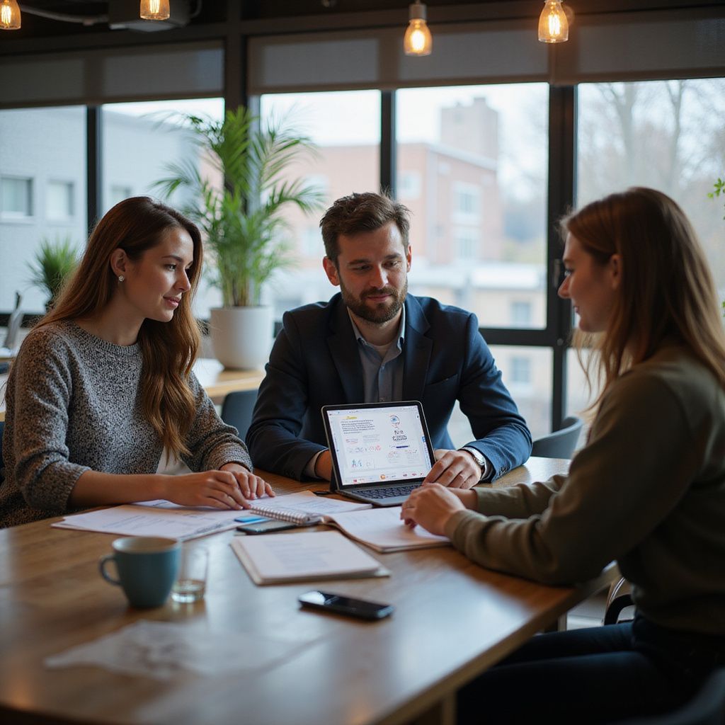 Three people review documents and a tablet at a table in an office.