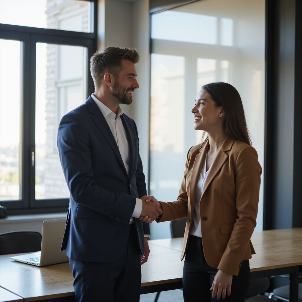 Man and woman in business attire shaking hands in an office, smiling.